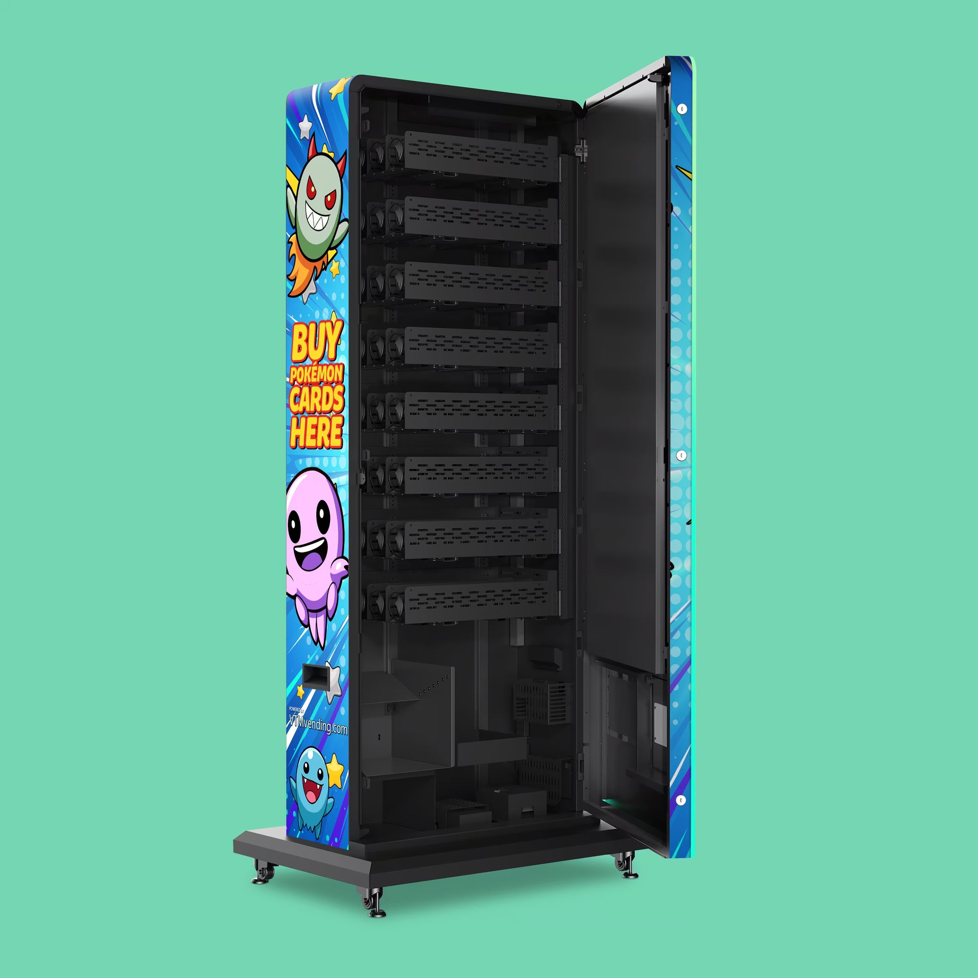Pokemon TCG branded vinyl wrap on the VTM Slim Pack Tower 2.0 free-standing Pokemon trading card vending machine-open
