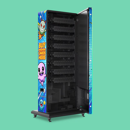 Pokemon TCG branded vinyl wrap on the VTM Slim Pack Tower 2.0 free-standing Pokemon trading card vending machine-open