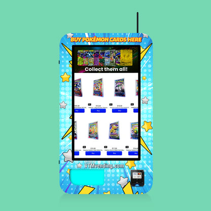 Front View of the Pokemon TCG branded vinyl wrap on the VTM Slim Wall TCG wall-mounted Pokemon trading card vending machine