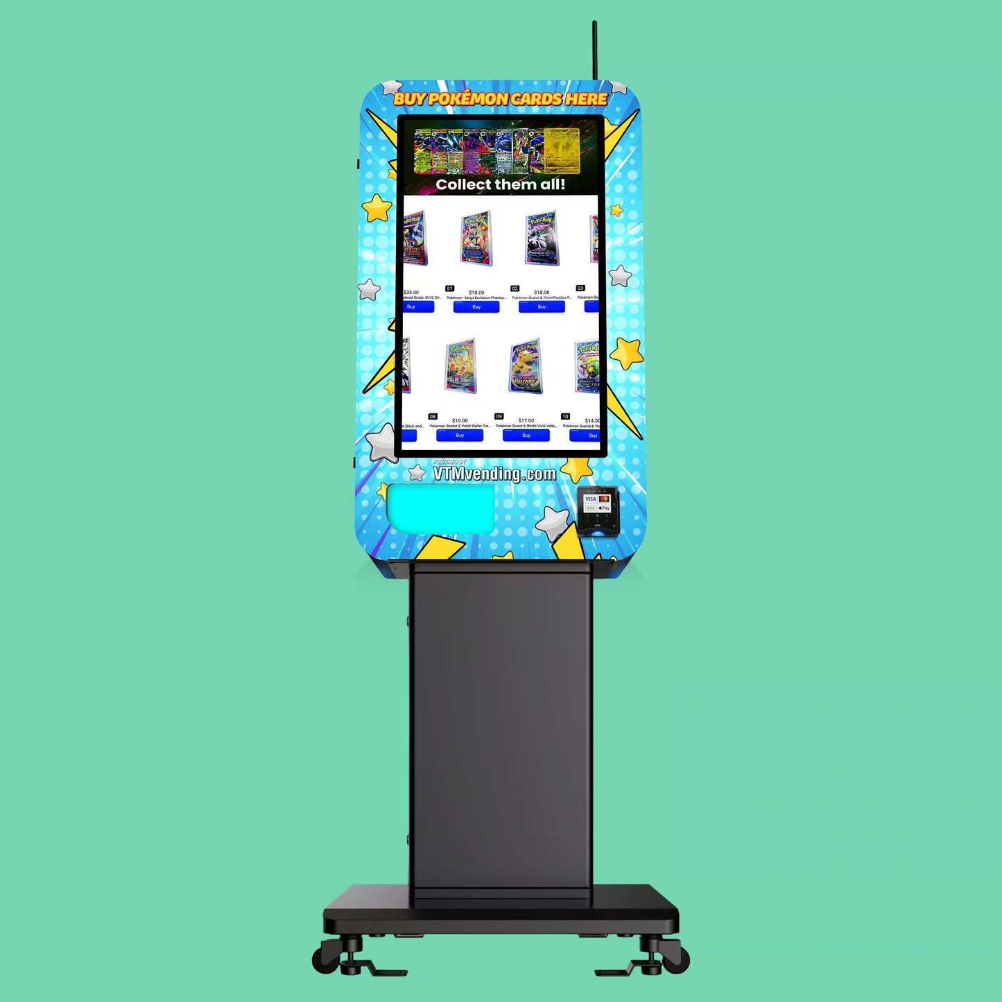 VTM Slim Wall Pokemon TCG branded vinyl wrap front view on a pedestal stand displaying Pokémon booster pack selection on touchscreen