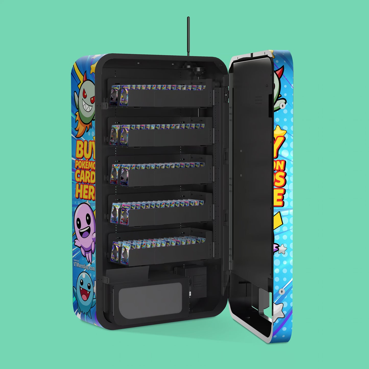 Pokemon TCG branded vinyl wrap on the VTM Slim Wall TCG wall-mounted Pokemon trading card vending machine open with 22mm coil and booster packs