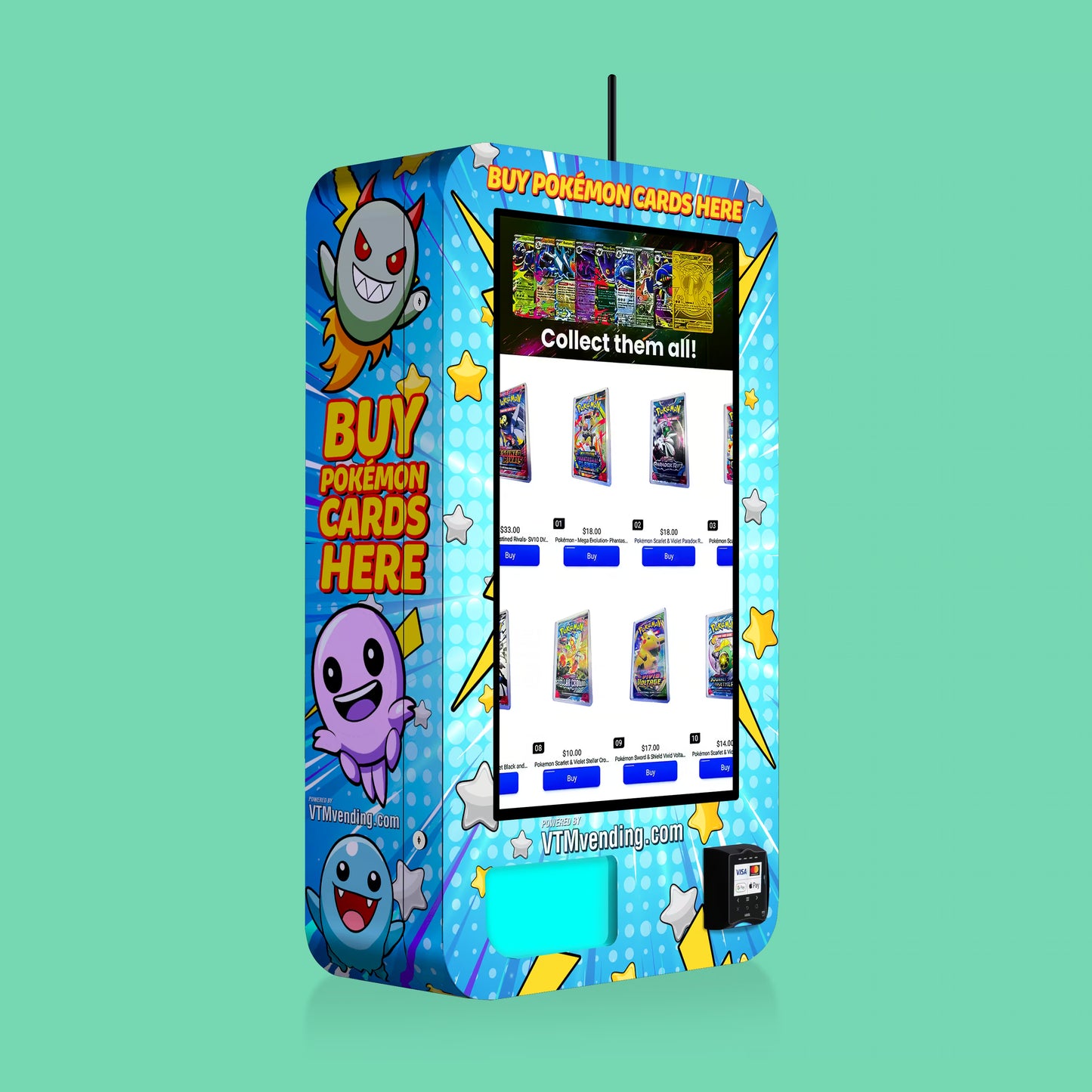 Right Side View of Pokemon TCG branded vinyl wrap on the VTM Slim Wall TCG wall-mounted Pokemon trading card vending machine