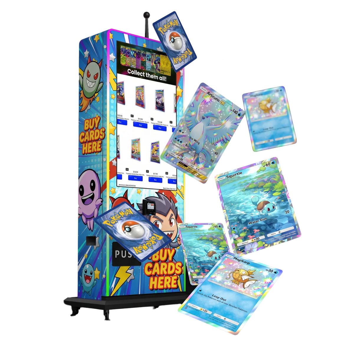 VTM Pokemon trading card vending machine with Buy Cards Here wrap and Pokemon cards fanned around it