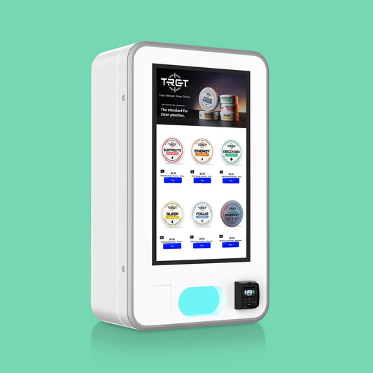 Front right side view of VTM pouch stacker vending machine with Nayax card reader