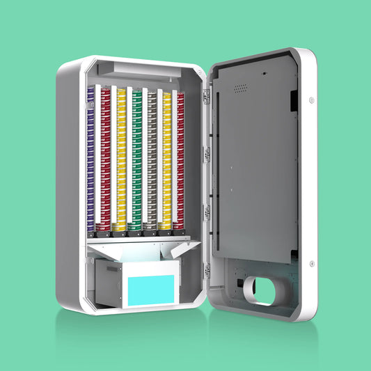 VTM pouch stacker vending machine with Nayax card reader open machine loaded with Full Send nicotine pouches