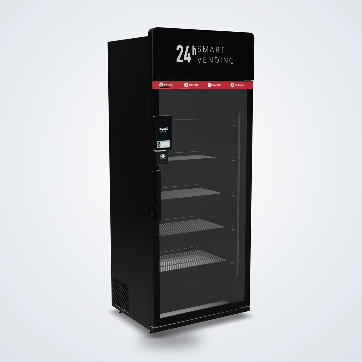 ReyVend AI smart cooler angled left view showing the side panel, card reader, and five wire shelves