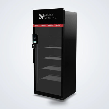 ReyVend AI smart cooler angled right view showing the glass door and cabinet side
