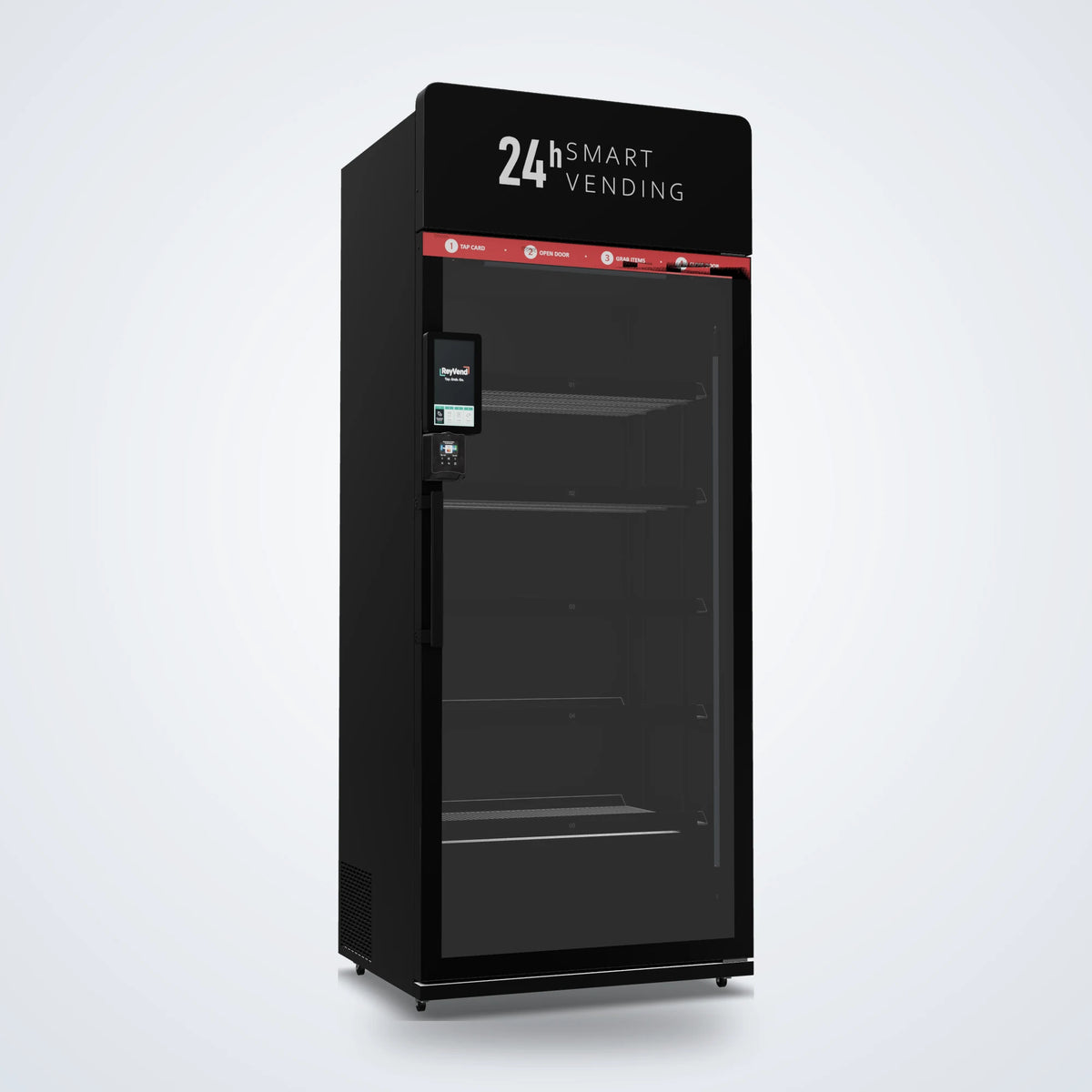 ReyVend AI smart cooler 3D render, low angled view