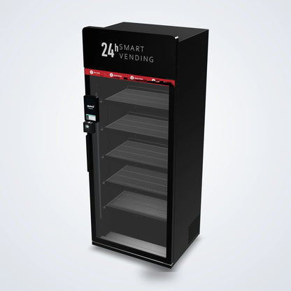ReyVend AI smart cooler three-quarter view from above showing cabinet depth and shelving