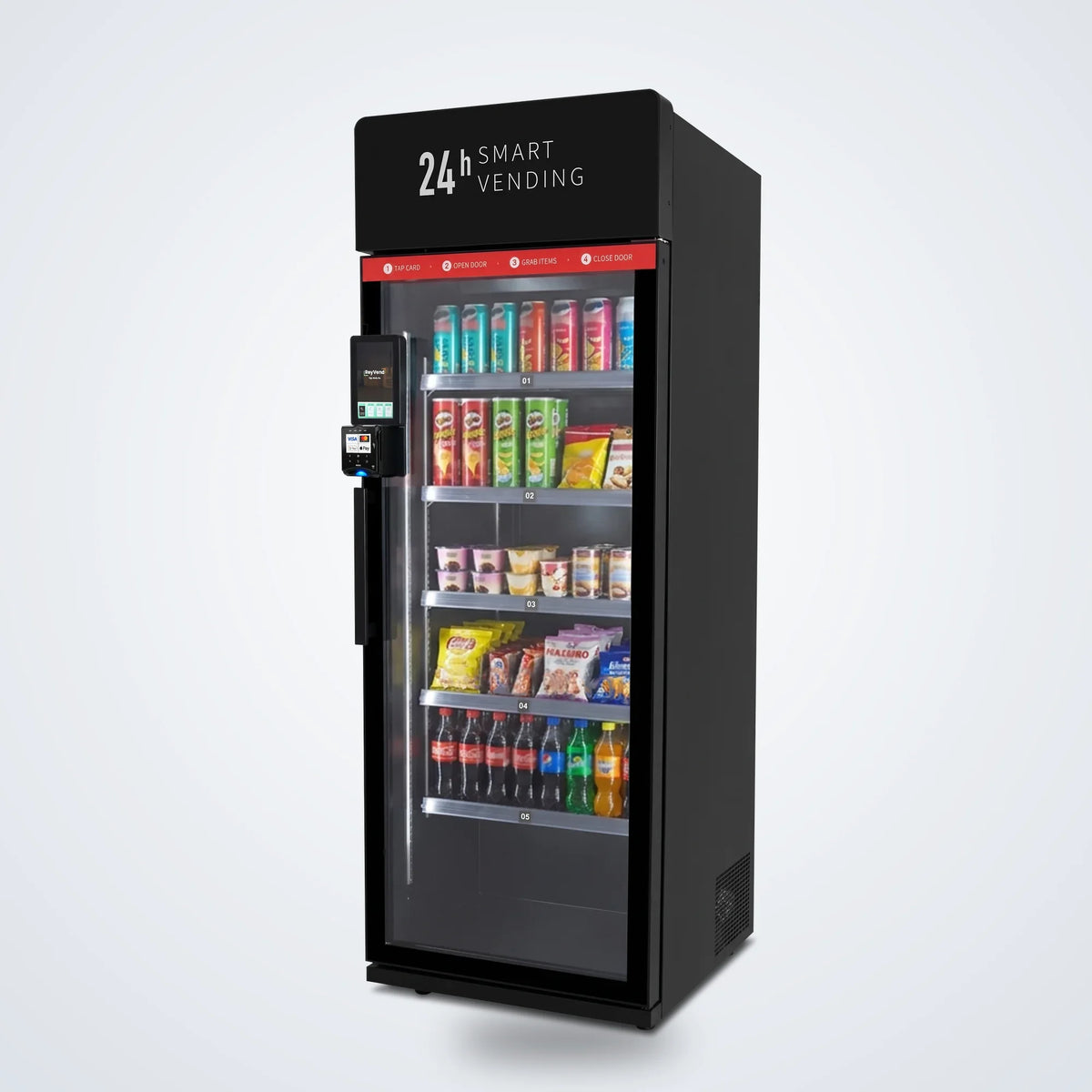 ReyVend AI smart cooler angled view stocked with drinks and snacks