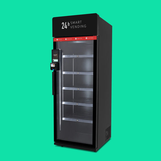 ReyVend AI Smart Cooler, angled view showing the tap card, open door, grab items, close door flow and the card reader