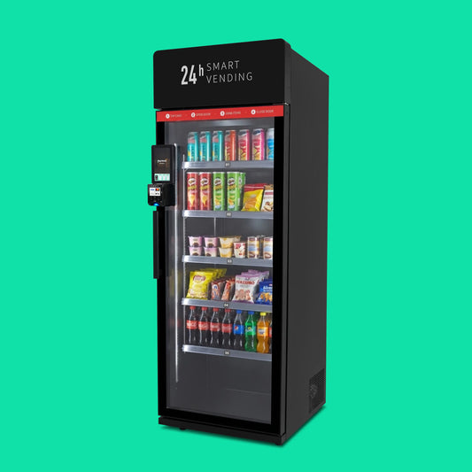 ReyVend AI Smart Cooler angled view with different products loaded inside