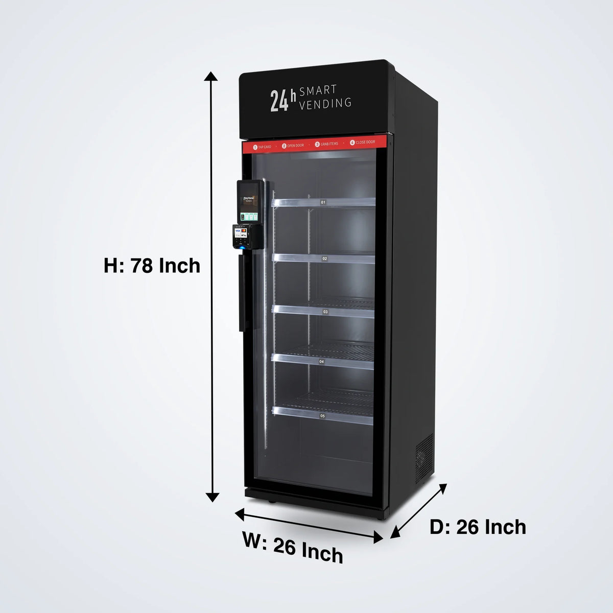ReyVend AI smart cooler dimensions: 78 inches high, 26 inches wide, 26 inches deep