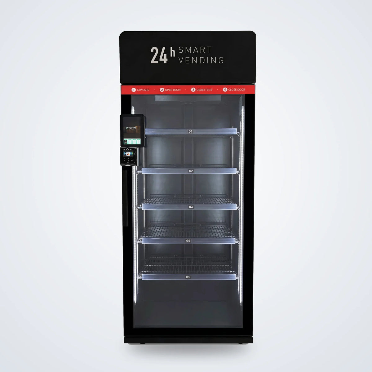 ReyVend AI smart cooler front view, empty, showing the five glass-door shelves and side card reader