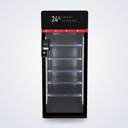 ReyVend AI smart cooler front view, empty, showing the five glass-door shelves and side card reader