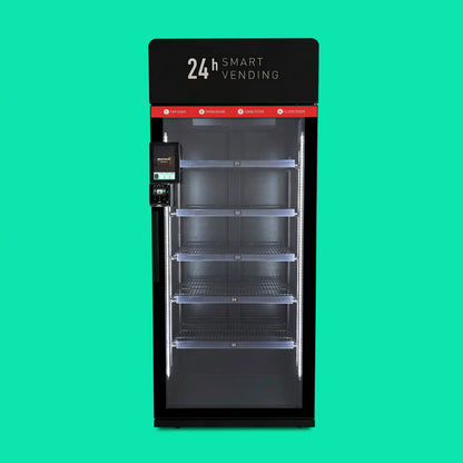 ReyVend AI Smart Cooler front view with LED lit interior, adjustable shelves and the ReyVend card reader