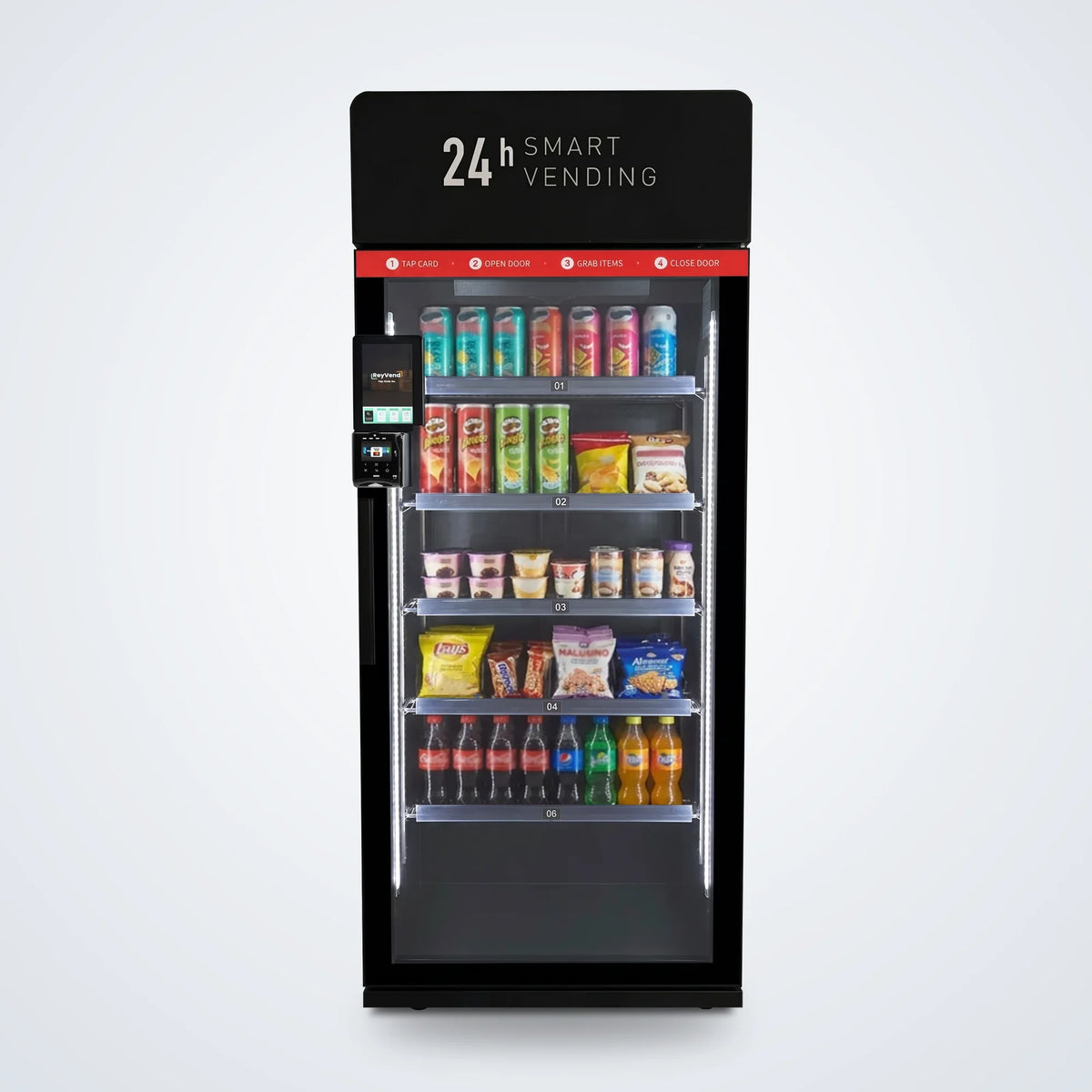 ReyVend AI smart cooler front view stocked with energy drinks, snacks, yogurt, and sodas