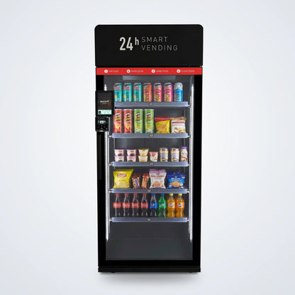 ReyVend AI smart cooler front view stocked with energy drinks, snacks, yogurt, and sodas
