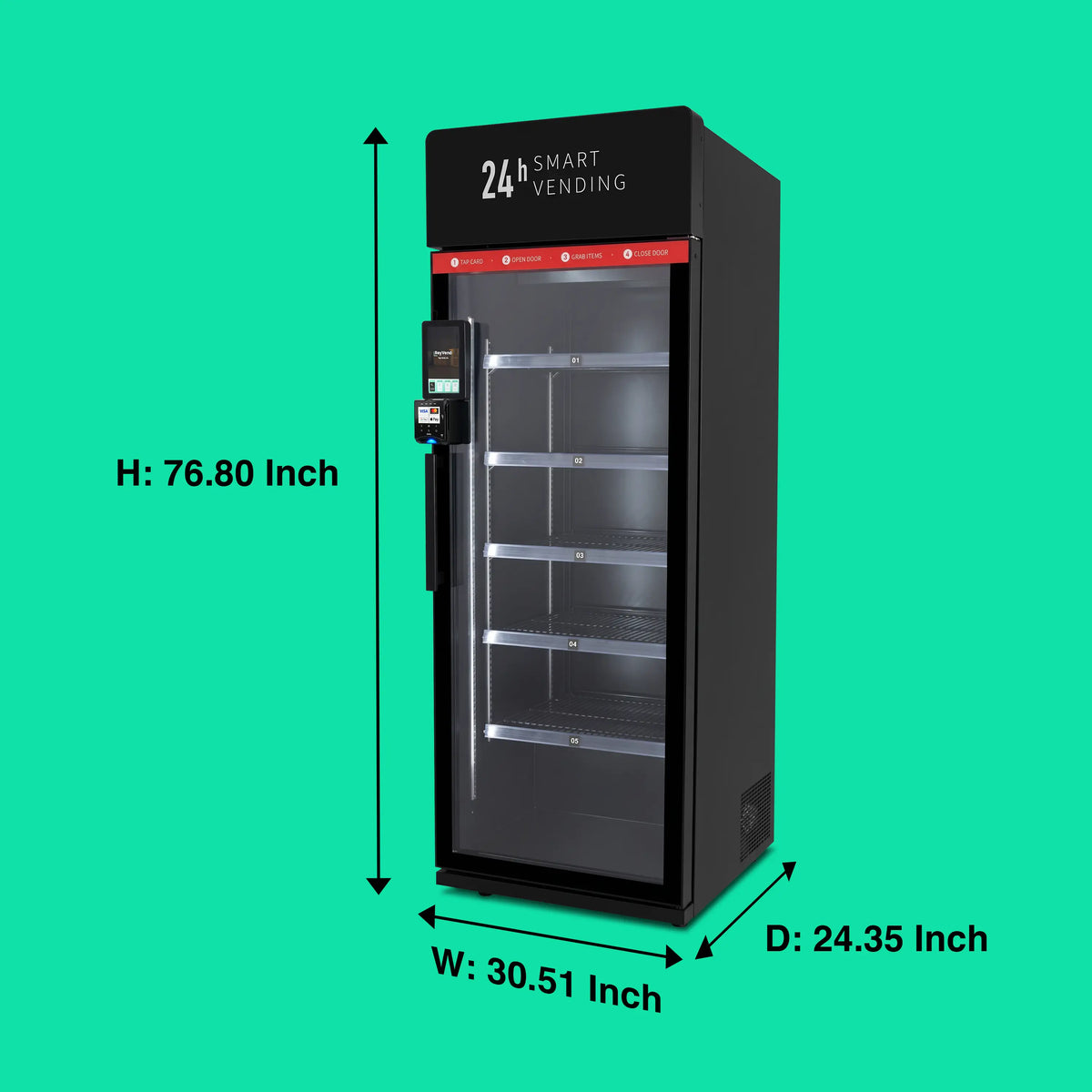 ReyVend AI Smart Cooler with the tap card, open door, grab items, close door strip, nayax card reader and machine size dimensions 