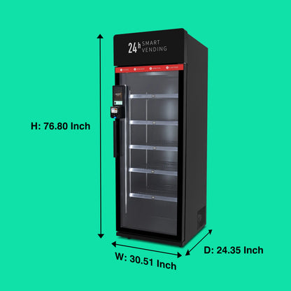 ReyVend AI Smart Cooler with the tap card, open door, grab items, close door strip, nayax card reader and machine size dimensions 
