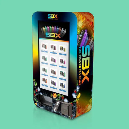 SBX variant vape vending machine with touchscreen display showing disposable vapes and custom branded wrap 