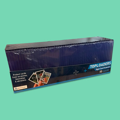 50-count box of Invested Alliance rigid toploaders for trading cards, designed to protect against scratches and blemishes