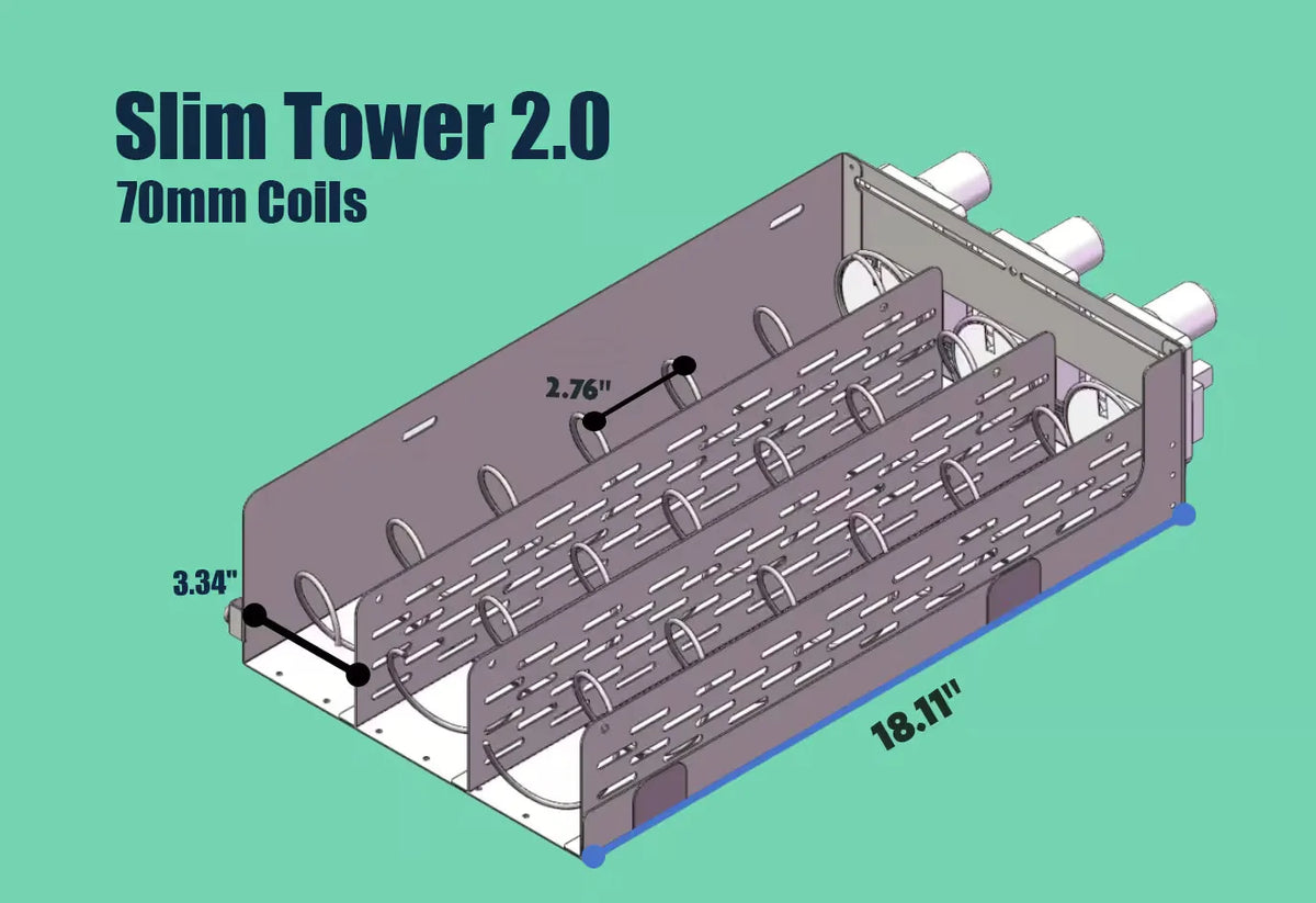 Slim Tower 2.0 vending machine tray with 70mm coils, showing 2.76 inch coil pitch, 3.34 inch clearance, and 18.11 inch tray depth