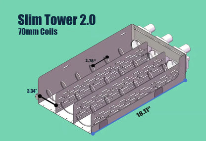 Slim Tower 2.0 vending machine tray with 70mm coils, showing 2.76 inch coil pitch, 3.34 inch clearance, and 18.11 inch tray depth