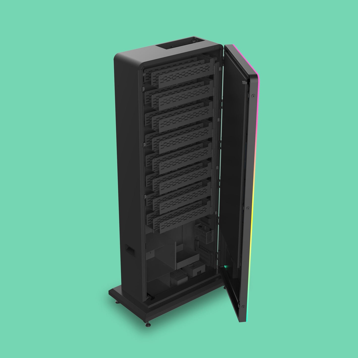 VapeTM Slim Tower 2.0 freestanding vape vending machine with a 43-inch touchscreen and 24-aisle capacity