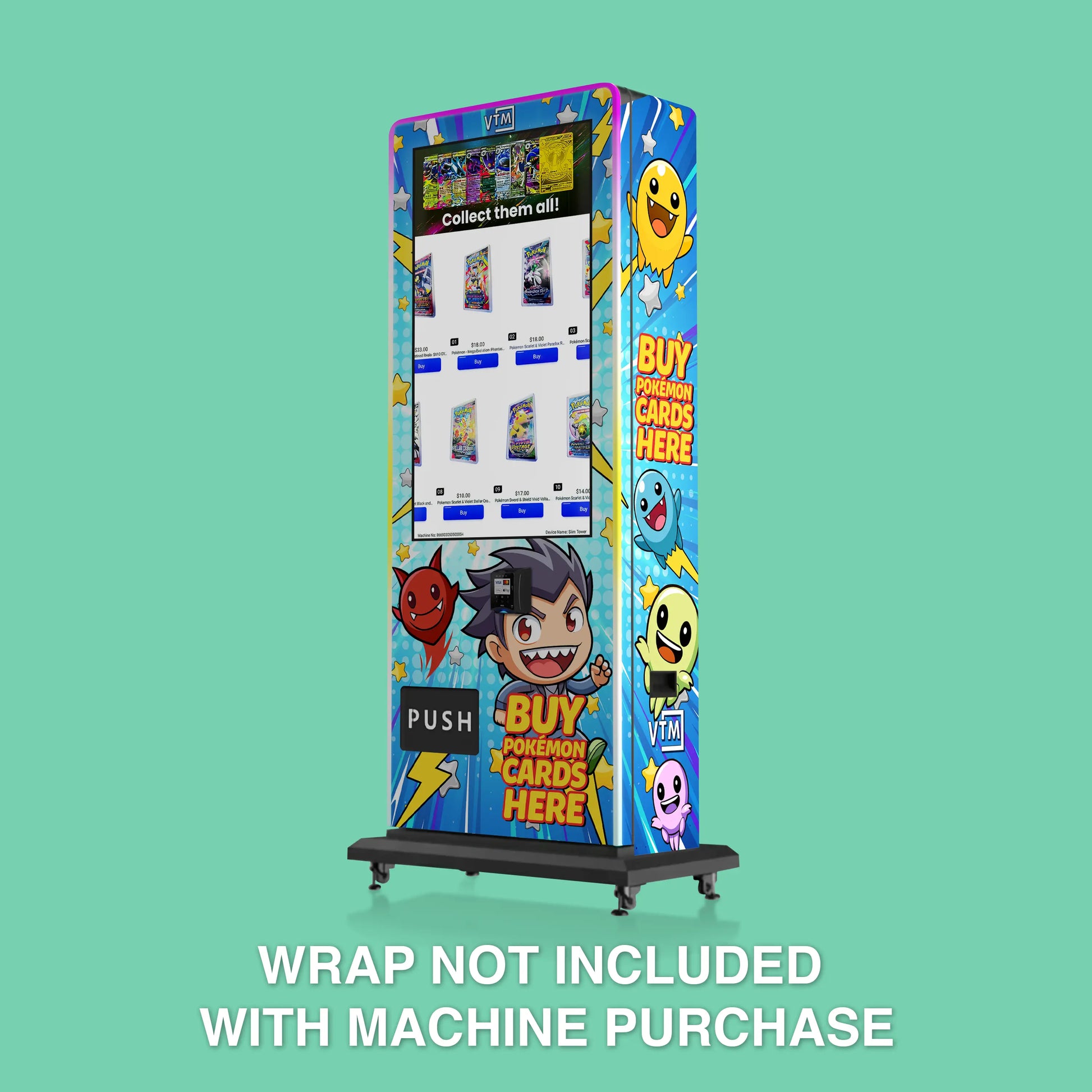 TCG branded vinyl wrap on the VTM Slim Tower 2.0 Pokemon trading card vending machine