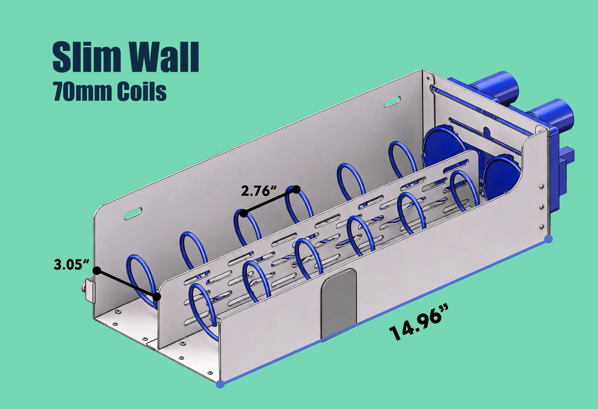 70mm coils for the Slim wall vending machine. This technical breakdown details the spiral spacing and total tray capacity for this hardware configuration.