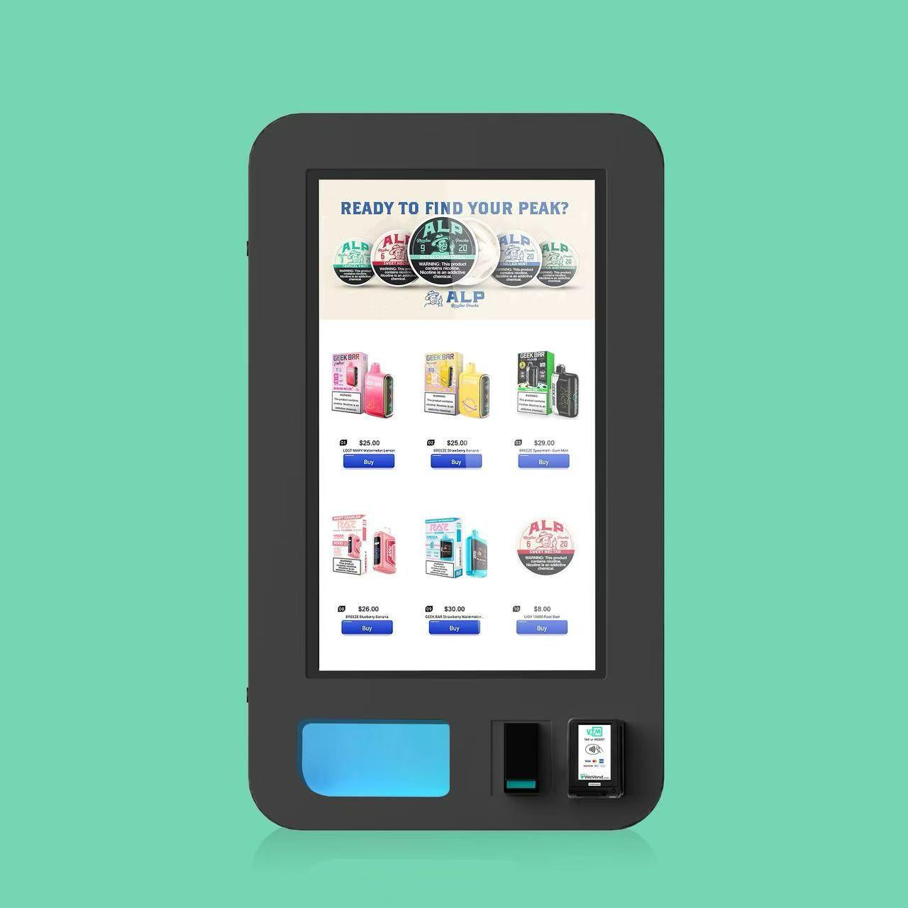 VapeTM ID scanner reading a driver's license barcode to verify age at a vending machine