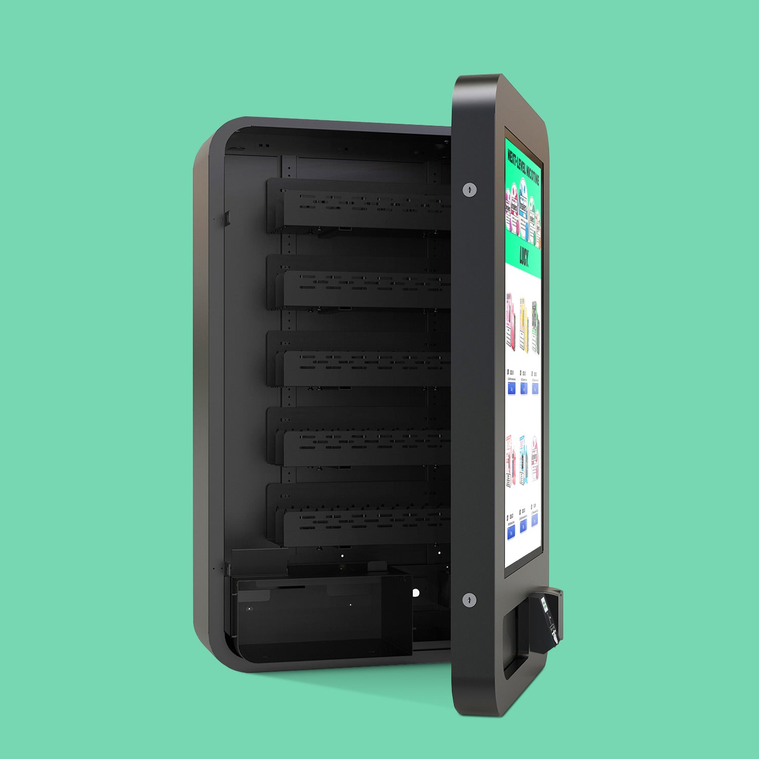 Slim Wall vape vending machine pictured slightly open, showcasing the 10-aisle internal capacity and the interactive touchscreen display.