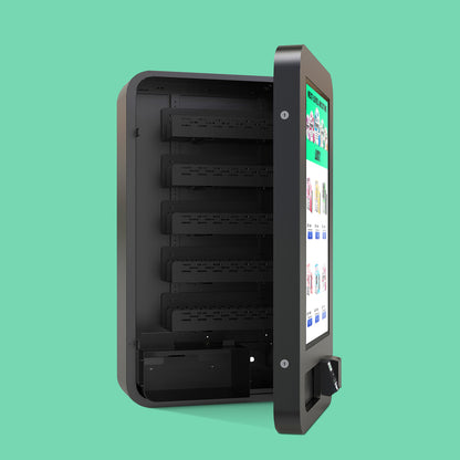 Slim Wall vape vending machine pictured slightly open, showcasing the 10-aisle internal capacity and the interactive touchscreen display.