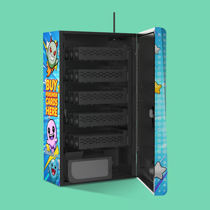 Pokemon TCG branded vinyl wrap on the VTM Mega Wall 2.0 TCG high-capacity wall-mounted Pokemon trading card vending machine open with 22mm coil