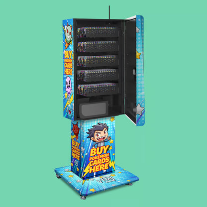Pokemon TCG branded vinyl wrap on the VTM Mega Wall 2.0 vending machine open and pedestal stand fully loaded with Pokémon booster packs across multiple 22mm coil shelves
