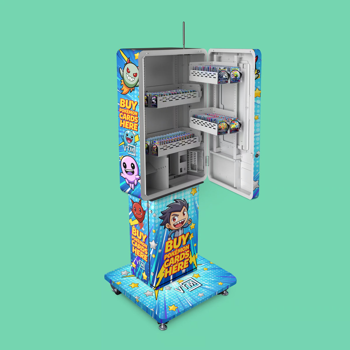 Pokemon TCG branded vinyl wrap on the VTM Mini Wall vending machine open and pedestal stand fully loaded with Pokémon booster packs across multiple 22mm coil shelves