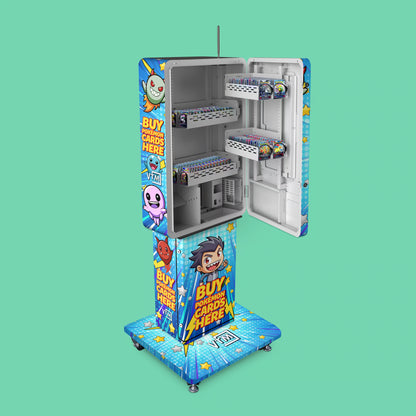 Pokemon TCG branded vinyl wrap on the VTM Mini Wall vending machine open and pedestal stand fully loaded with Pokémon booster packs across multiple 22mm coil shelves