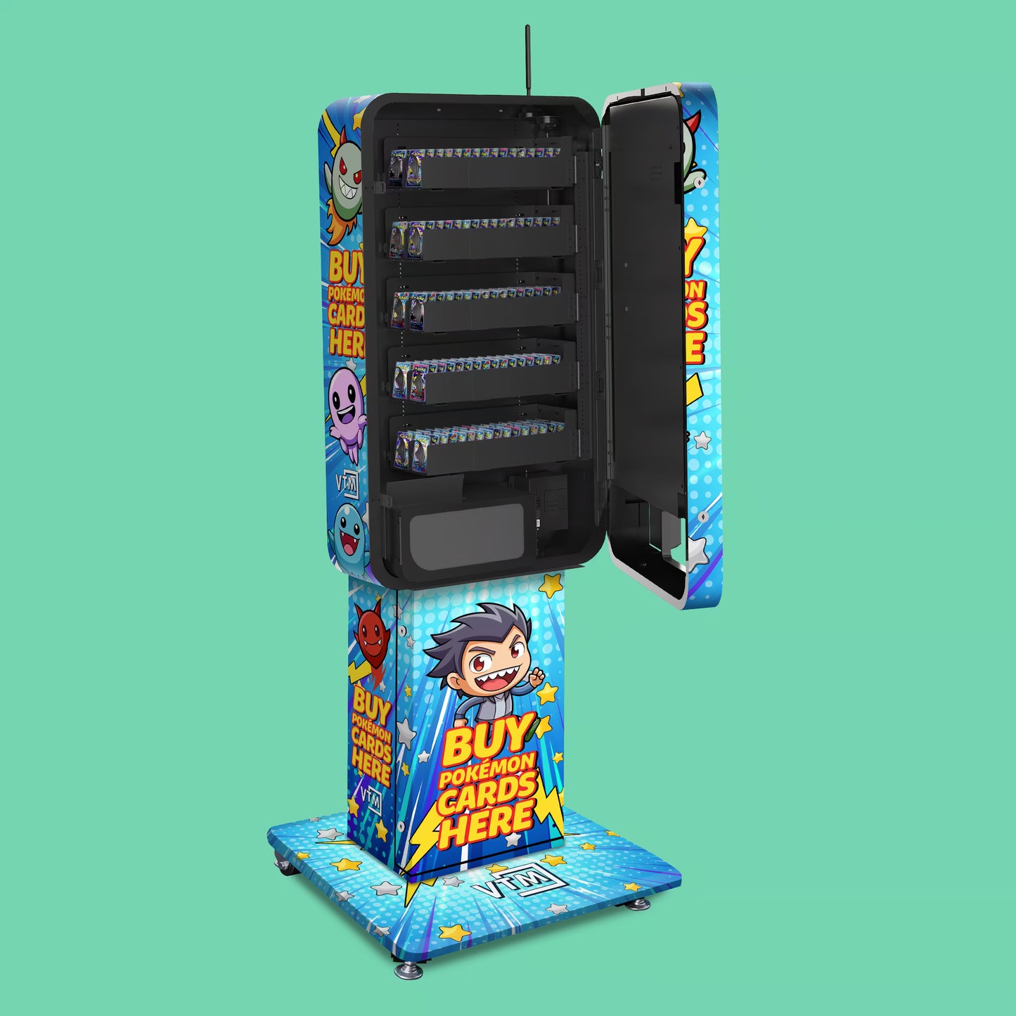 Pokemon TCG branded vinyl wrap on the VTM Slim Wall vending machine open and pedestal stand fully loaded with Pokémon booster packs across multiple 22mm coil shelves