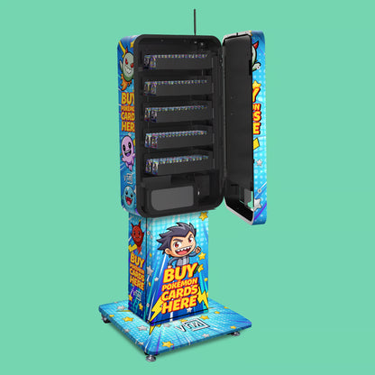 Pokemon TCG branded vinyl wrap on the VTM Slim Wall vending machine open and pedestal stand fully loaded with Pokémon booster packs across multiple 22mm coil shelves