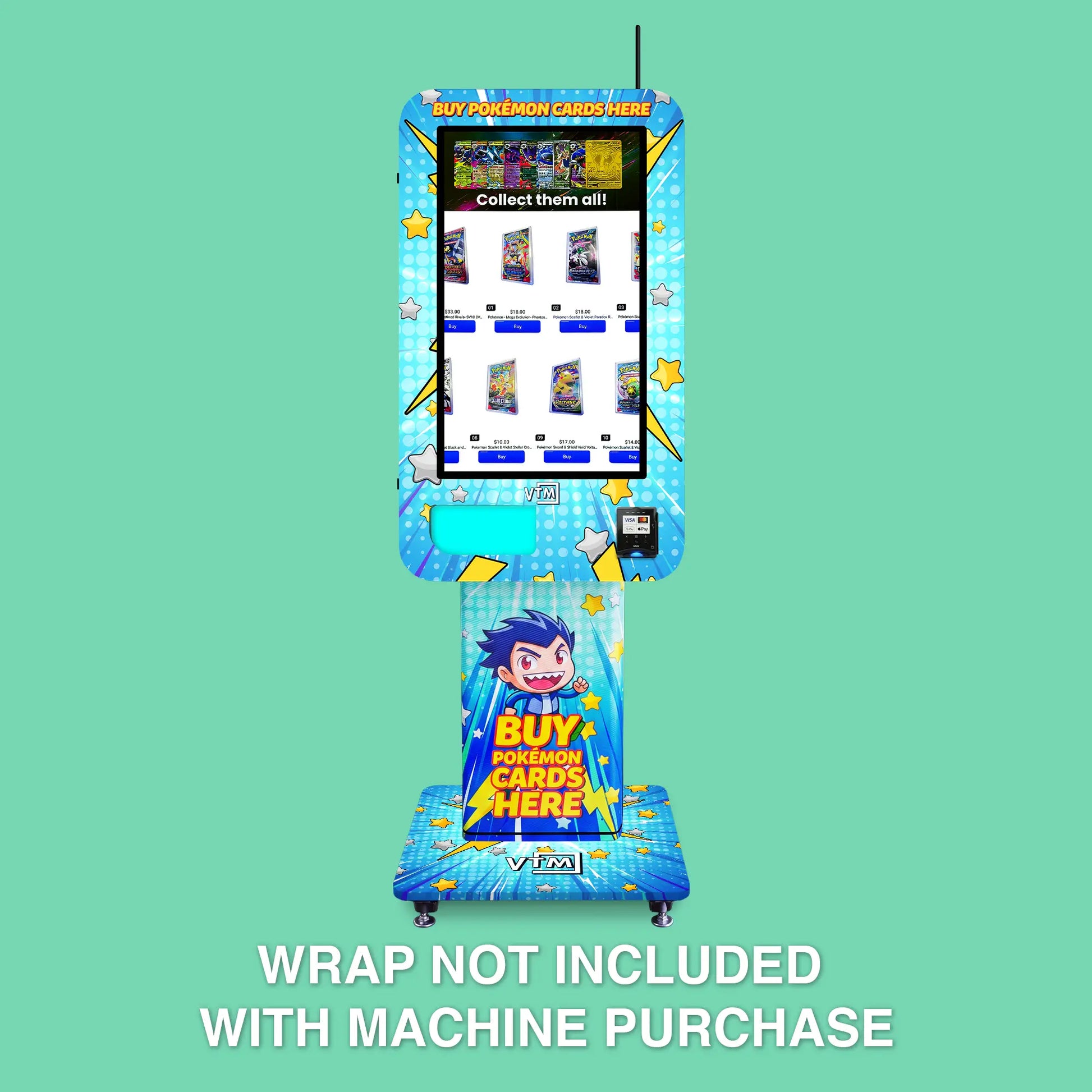 Pokemon TCG branded vinyl wrap on the VTM Slim Wall TCG Pokemon vending machine front view with TCG wrap pedestal stand