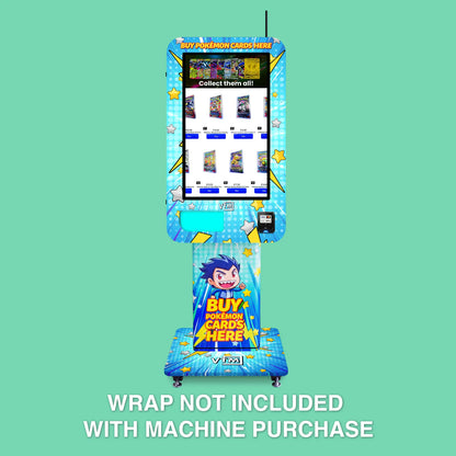 Pokemon TCG branded vinyl wrap on the VTM Slim Wall TCG Pokemon vending machine front view with TCG wrap pedestal stand