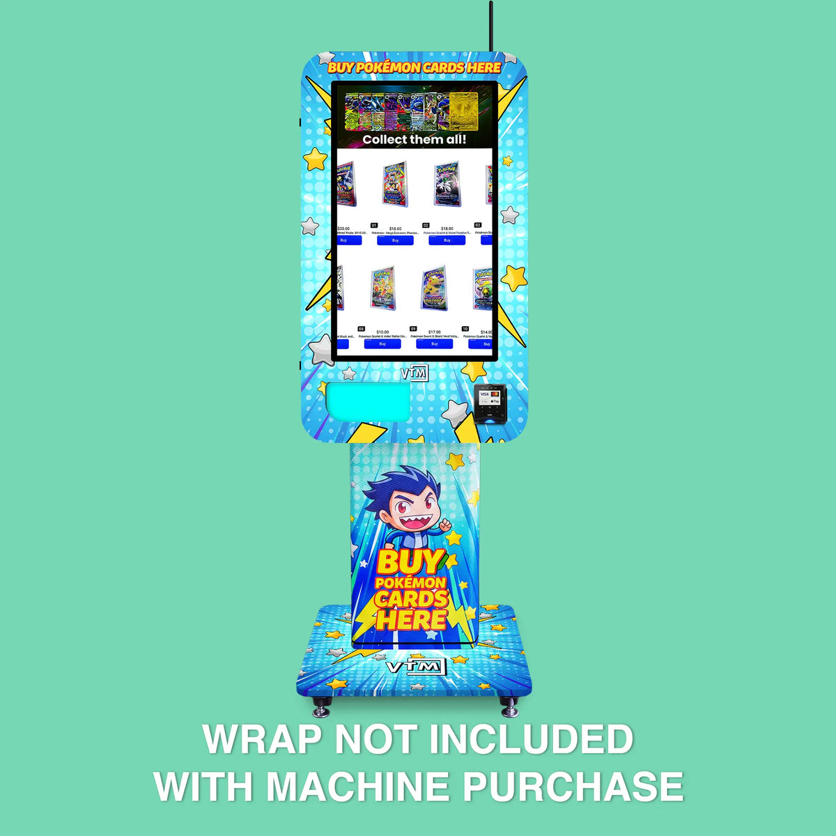 Pokemon TCG branded vinyl wrap on the VTM Slim Wall TCG vending machine on a pedestal stand, wrap not included with machine purchase