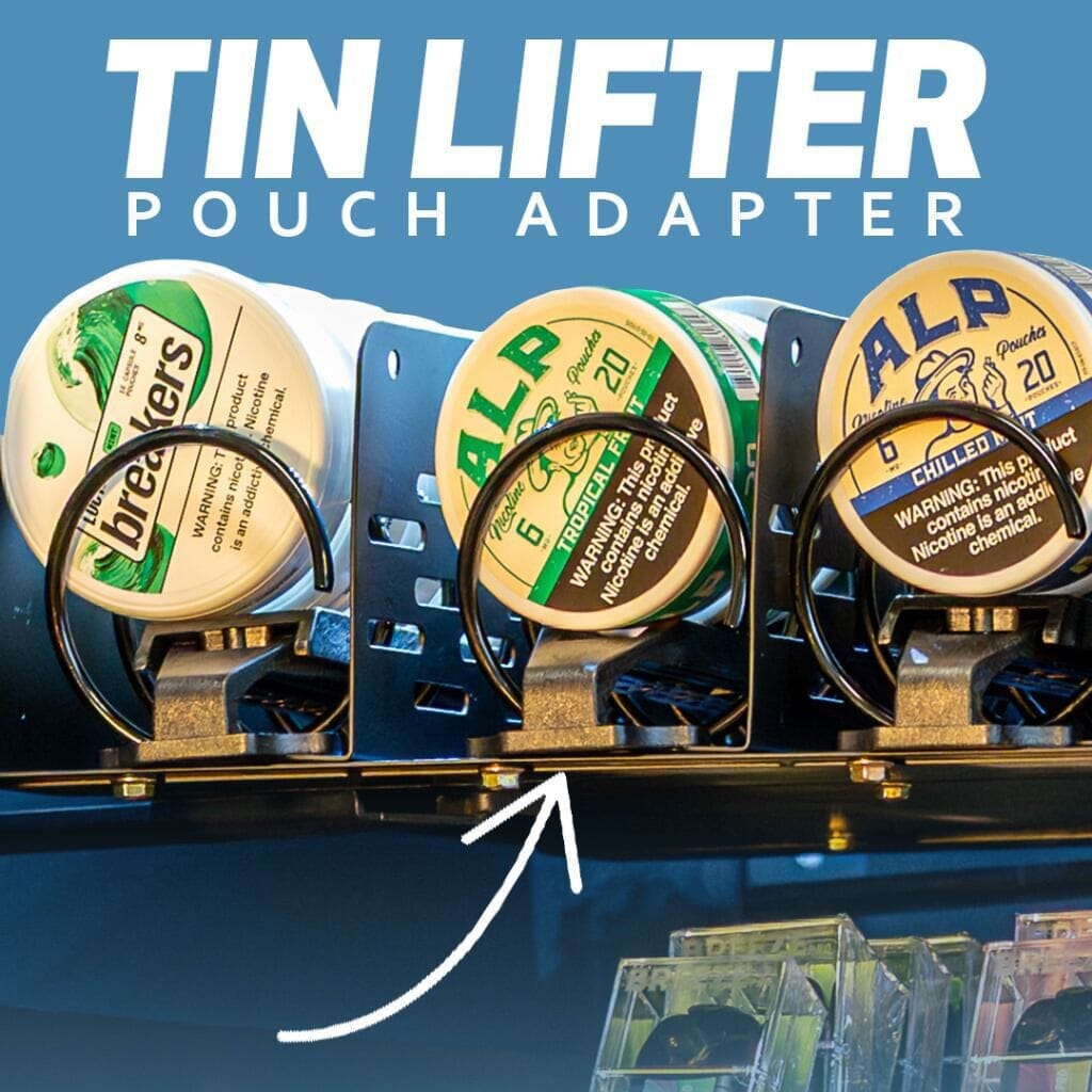 Nicotine pouch vending adapter for zyn, alp, lucy, and other tins