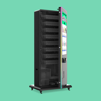 Open cabinet of the Slim Tower 2.0 smart vending machine displaying the screen hardware and 24 coil-driven aisles.