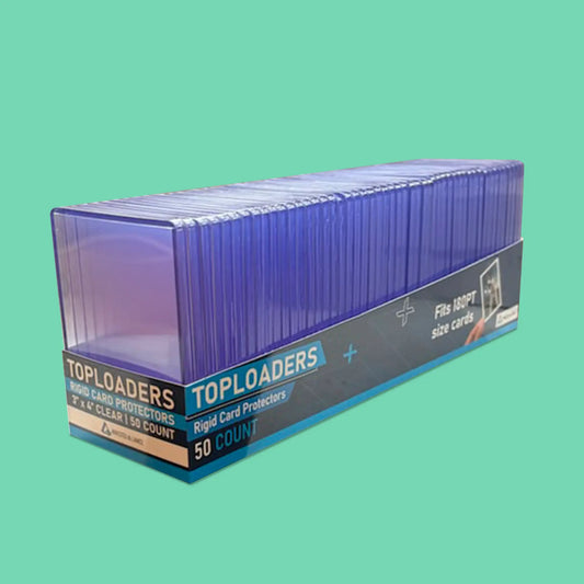 Invested Alliance 50-count rigid card protectors and toploaders for sports and trading cards in shrink-wrapped packaging