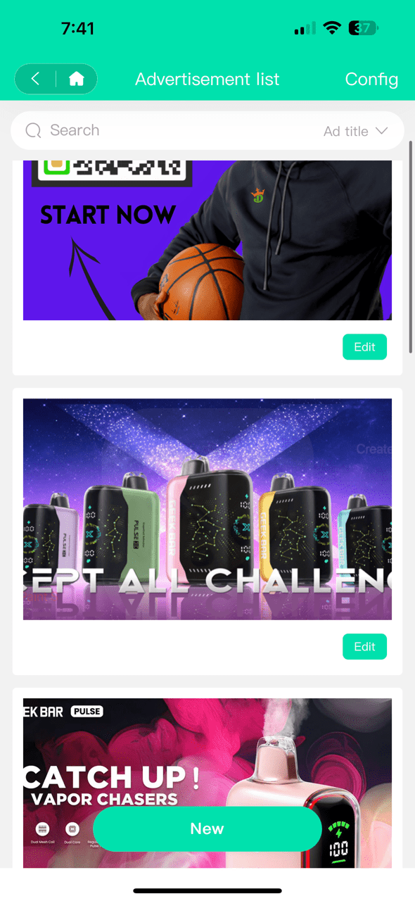 VTM app advertisement list showing brand campaigns for a machine screen