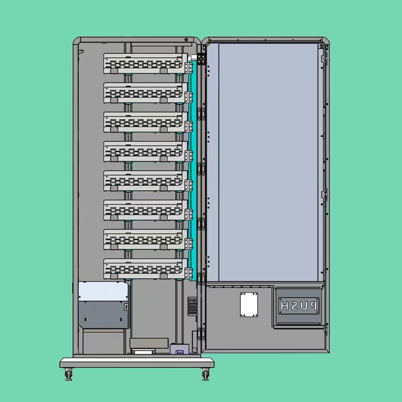 Interior view of the VTM Slim Pack Tower 2.0 Pokemon trading card vending machine showing 24-aisle 22mm coil shelf system and 456-pack capacity layout