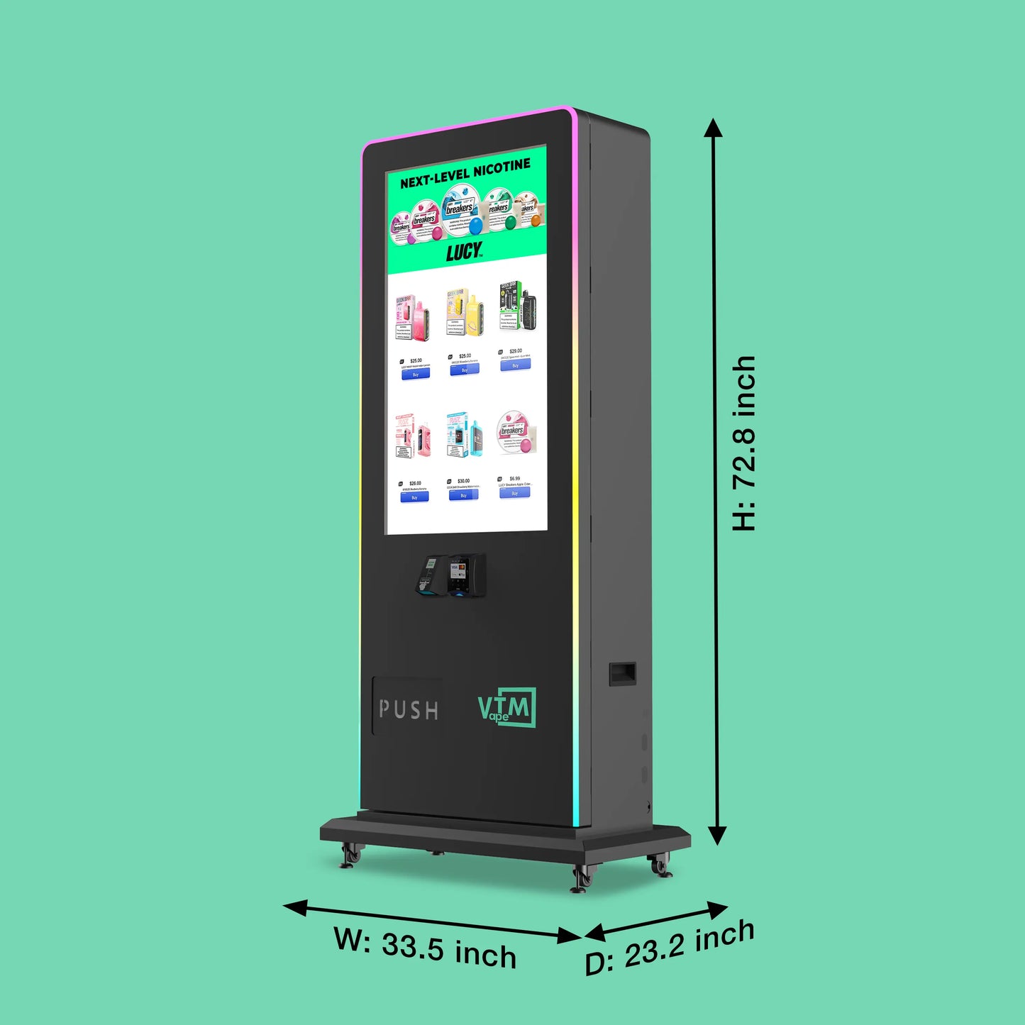 VTM Slim Tower 2.0 vape vending machine with a digital touch screen, Nayax card reader, and ID scanner size dimension