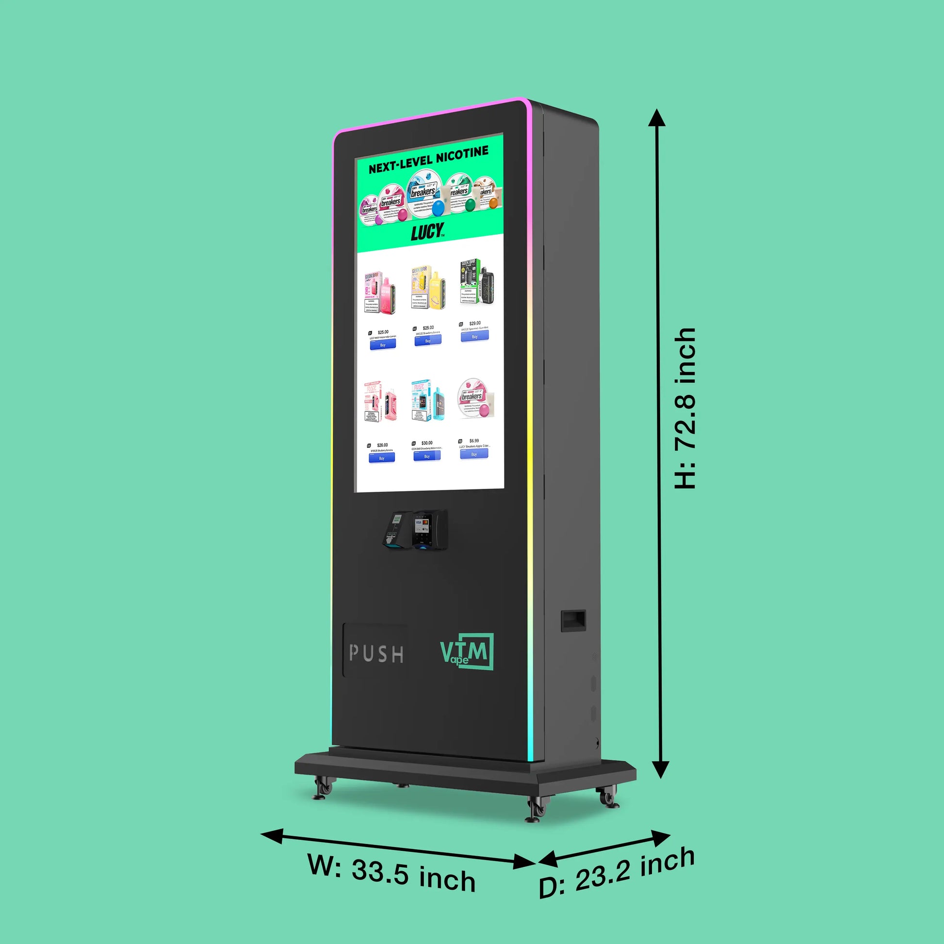 VTM Slim Tower 2.0 vape vending machine with a digital touch screen, Nayax card reader, and ID scanner size dimension